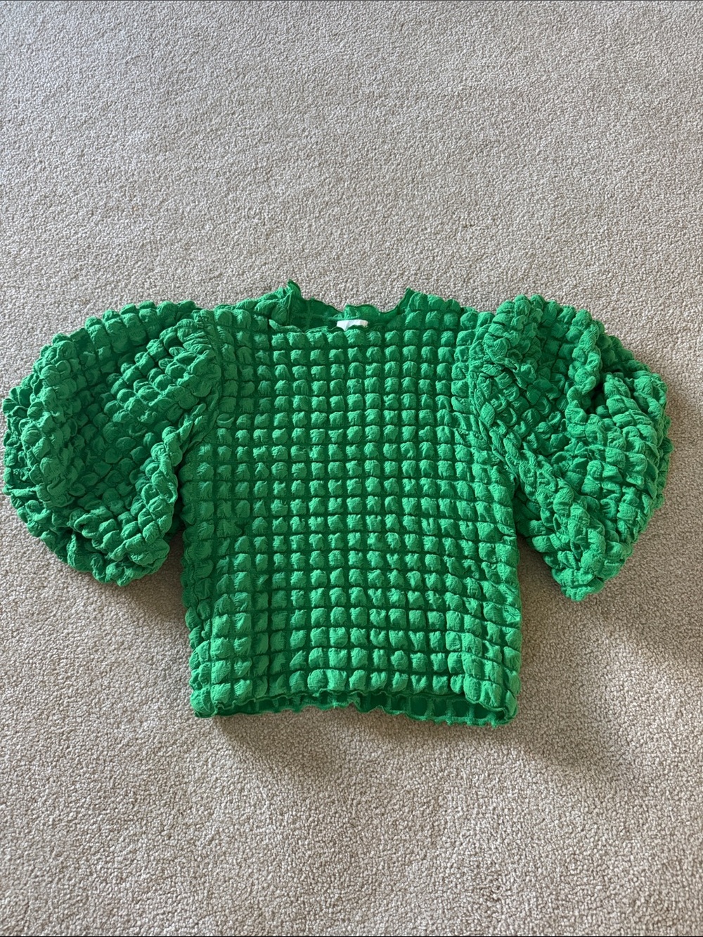 Green Textured Puff-Sleeve Women's Top